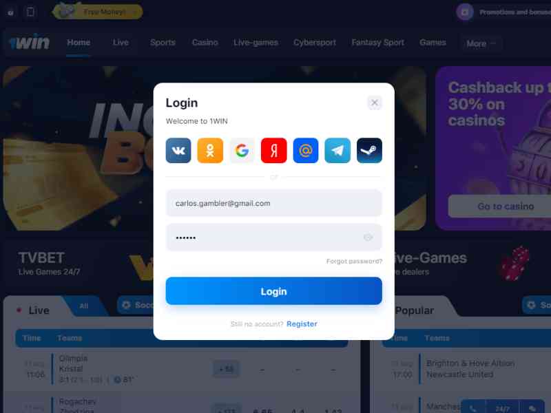 Masuk ke akun Anda di situs web kasino 1win